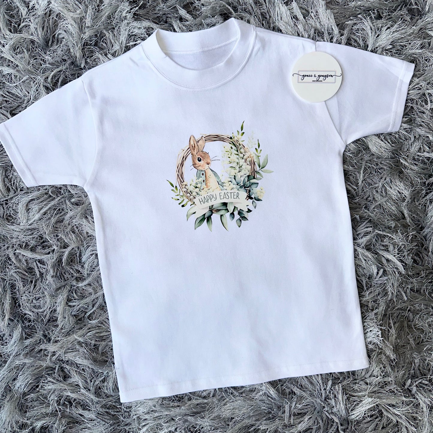 Personalised Sage Green Rabbit Happy Easter T-shirt