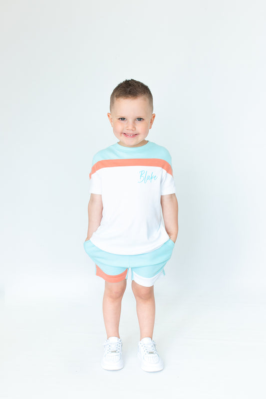 Turquoise Blue & White Mix Shorts & T-Shirt Set