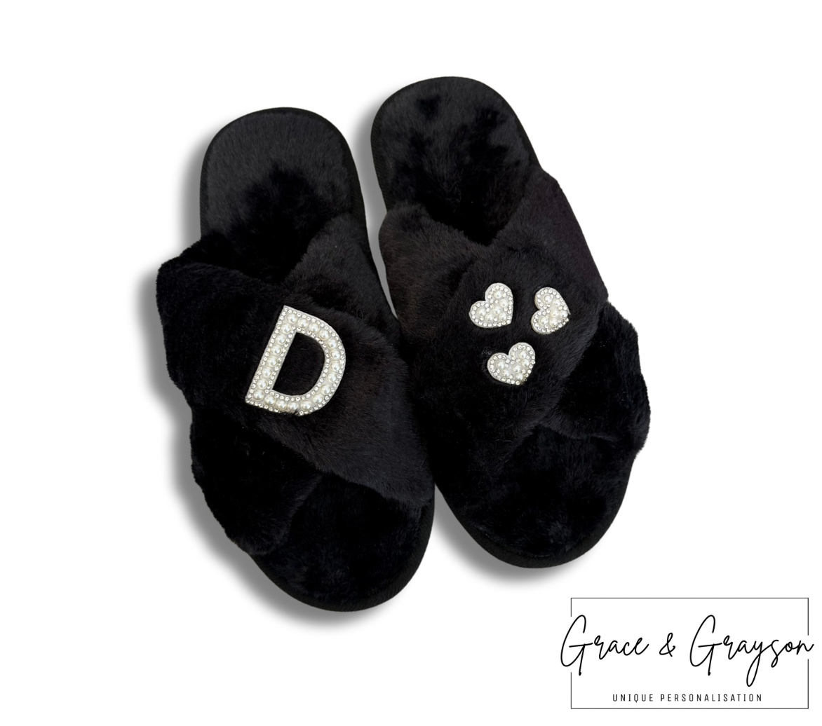 Personalised Pearl Initial & Heart Faux Fur Slippers