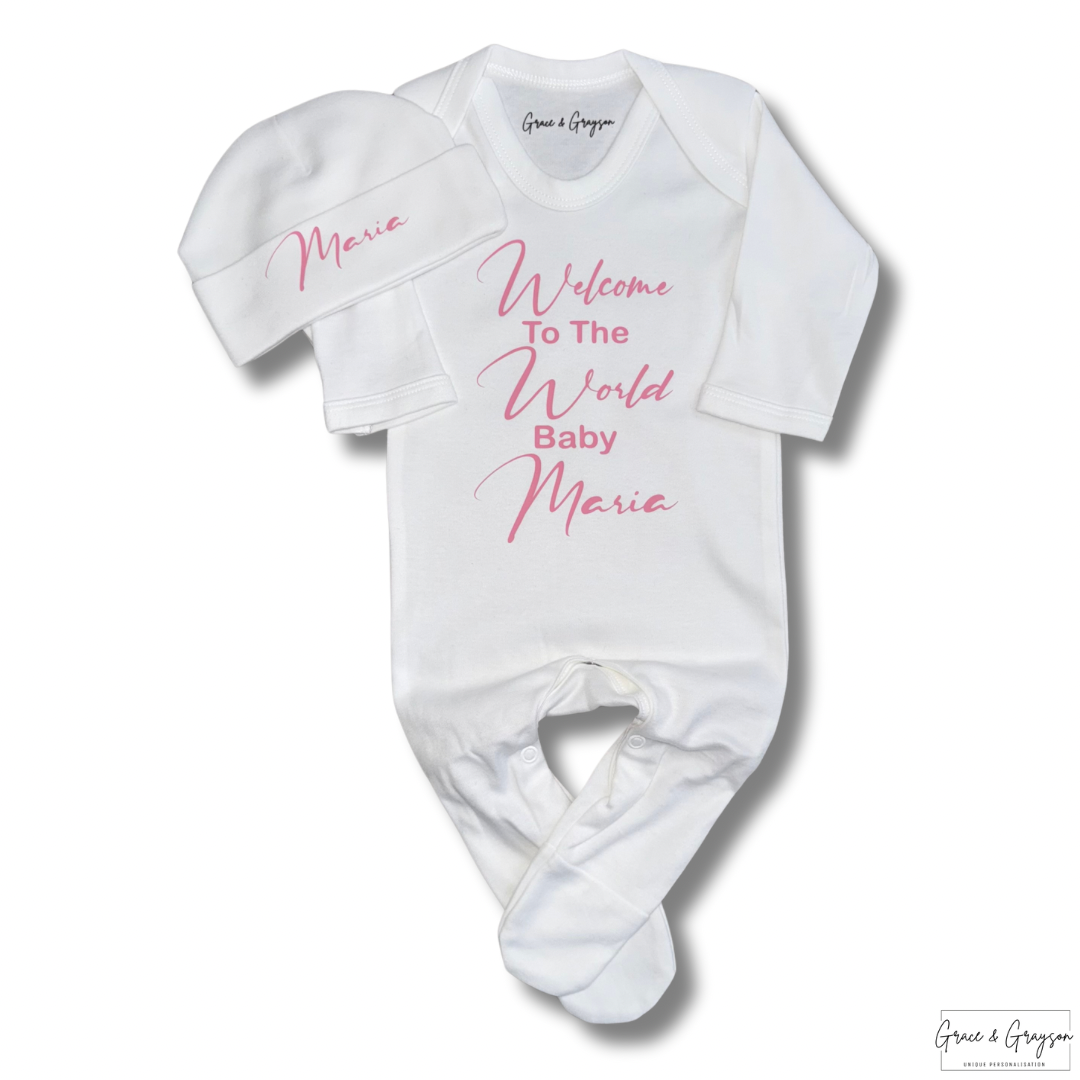 Personalised Welcome To The World Baby Grow Set