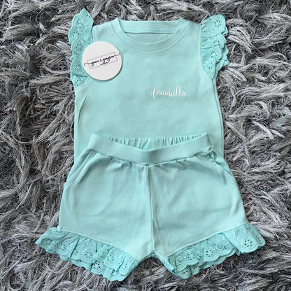 Turquoise Blue Broderie Frill Shorts & T-Shirt Set
