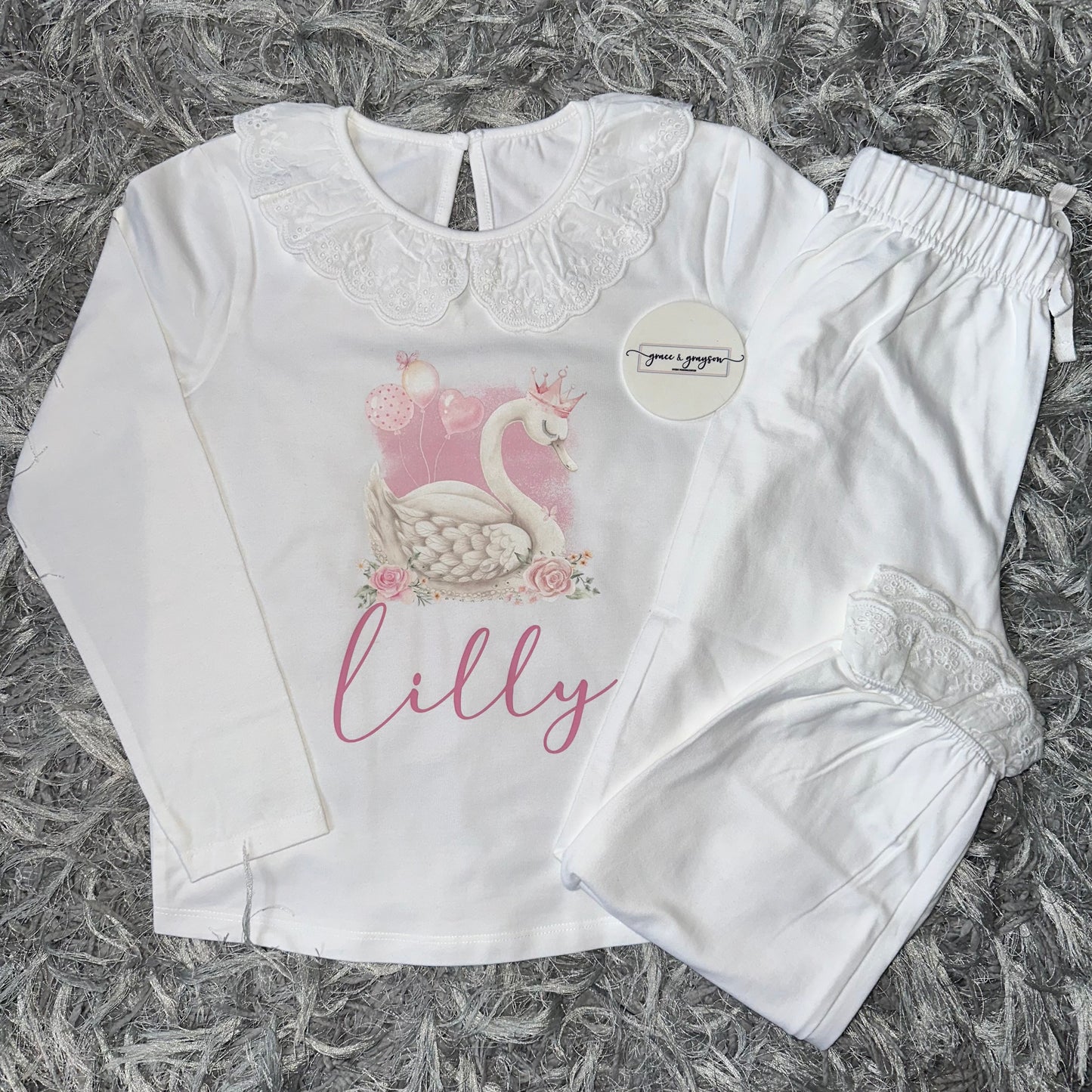 Personalised Princess Balloon Swan Broderie Frill Pyjamas