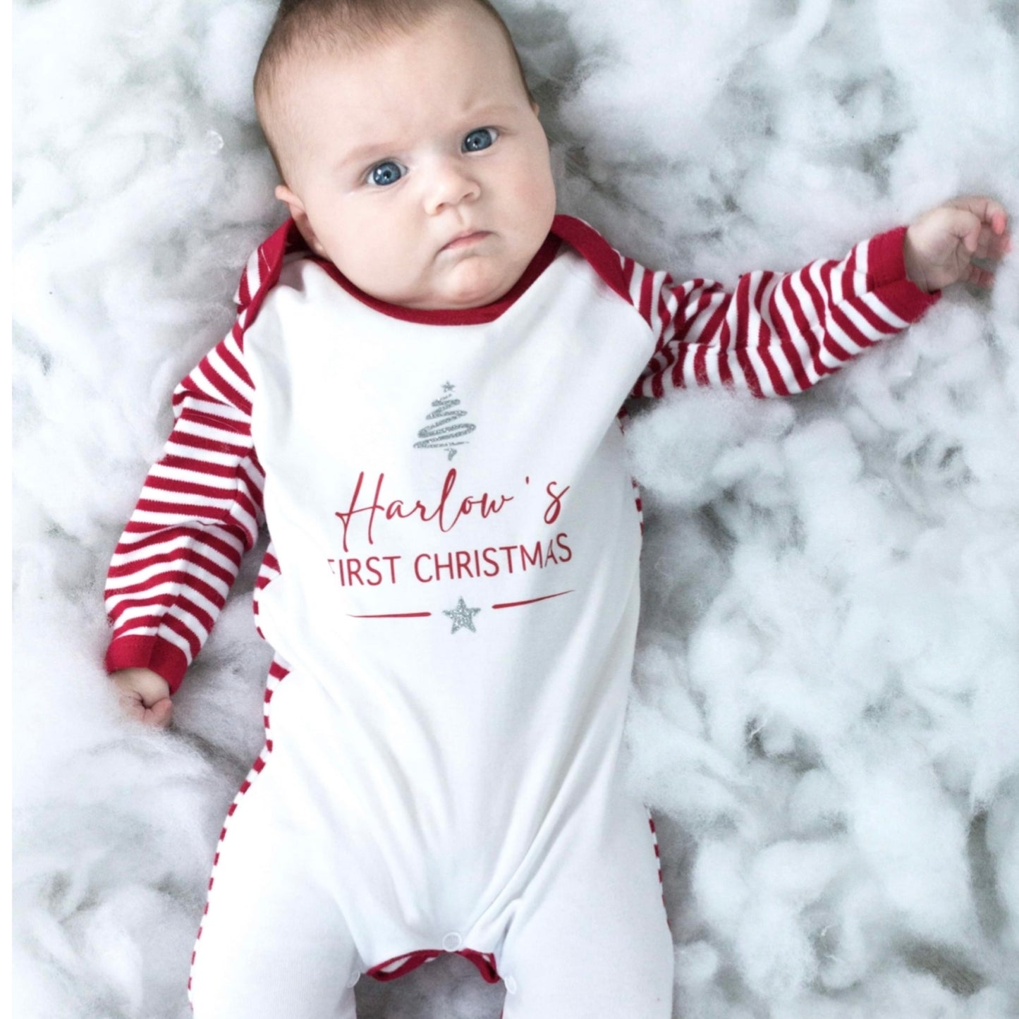Personalised First Christmas Red & White Stripe Baby Grow