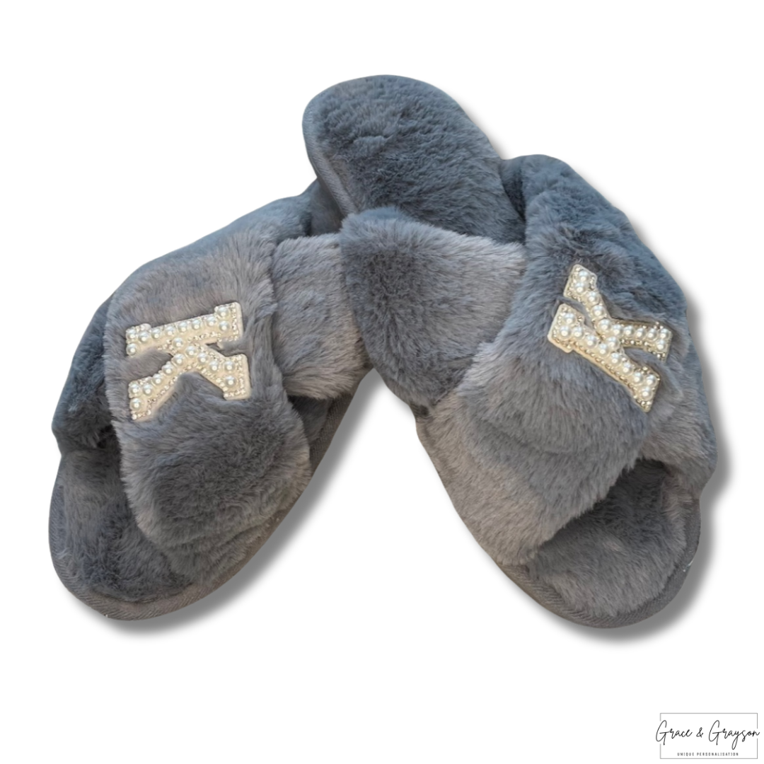 Adults Personalised Pearl Initial Faux Fur Slippers
