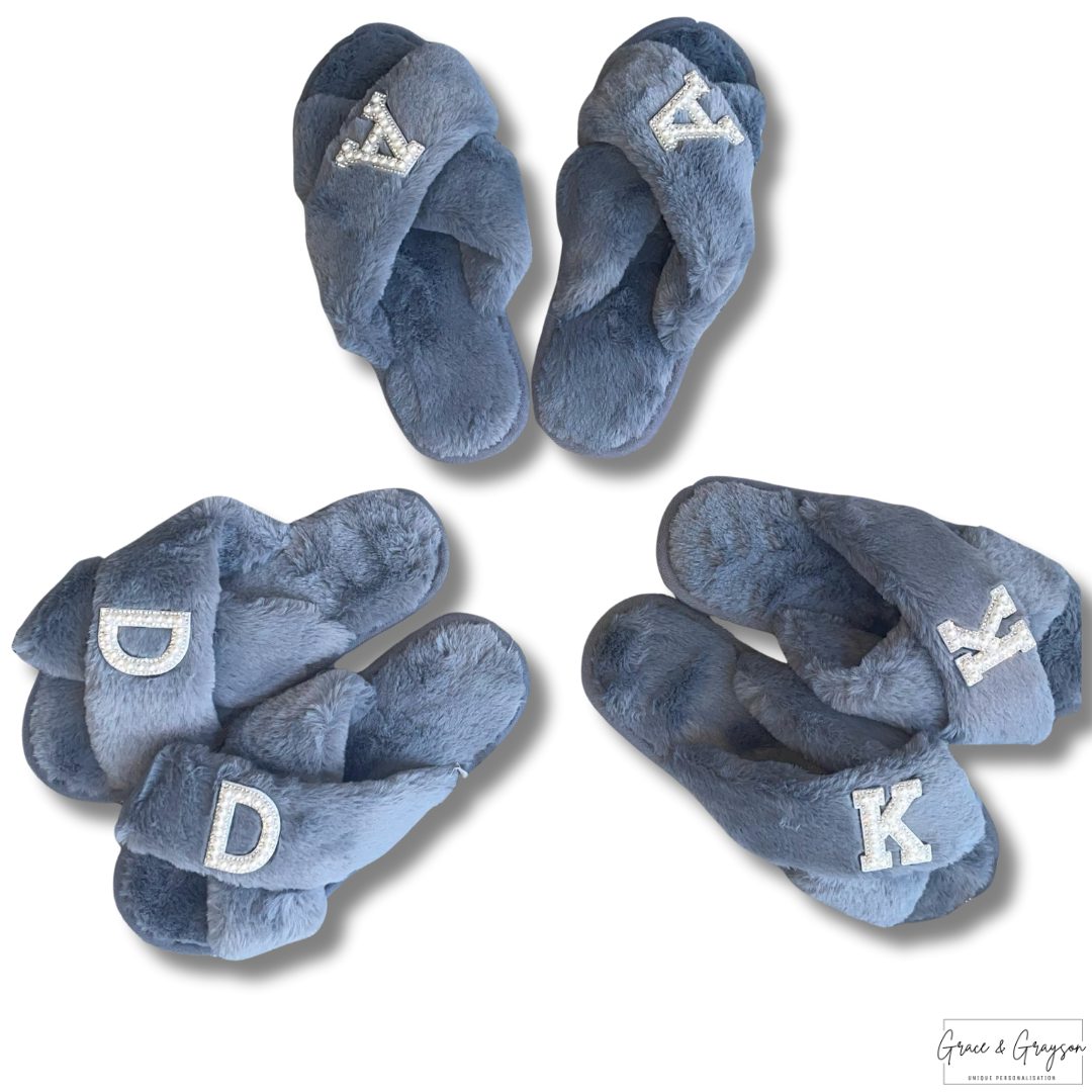 Adults Personalised Pearl Initial Faux Fur Slippers Grey