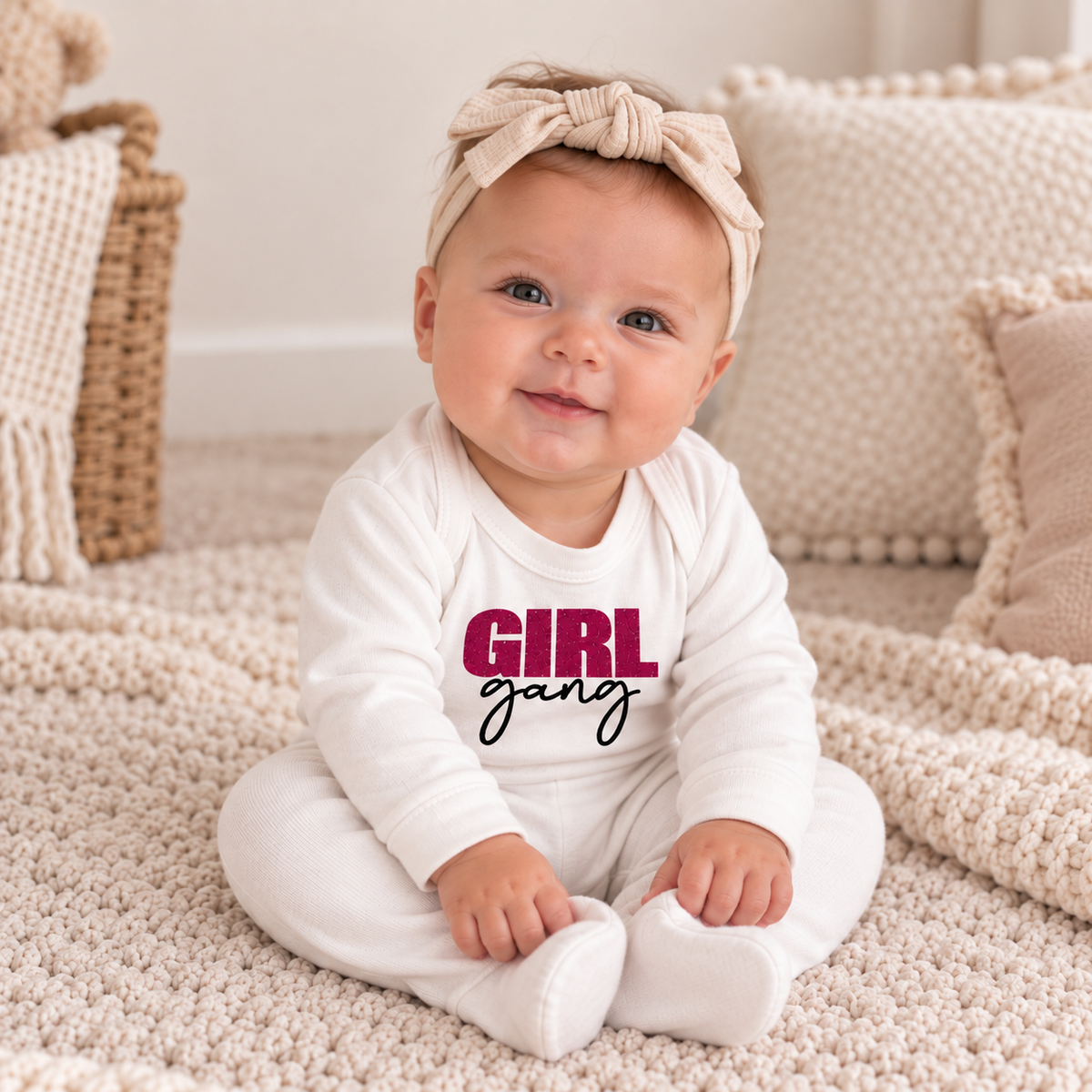 Baby wearing a white personalised Girl Gang baby grow while sitting on a soft knitted rug, Grace & Grayson