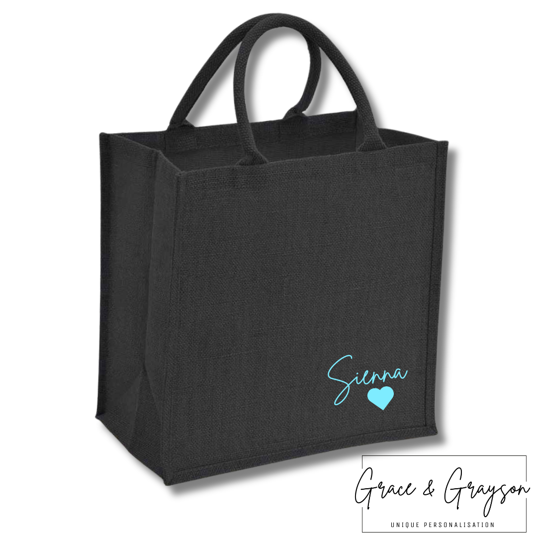 Personalised Black Signature Heart Jute Bag