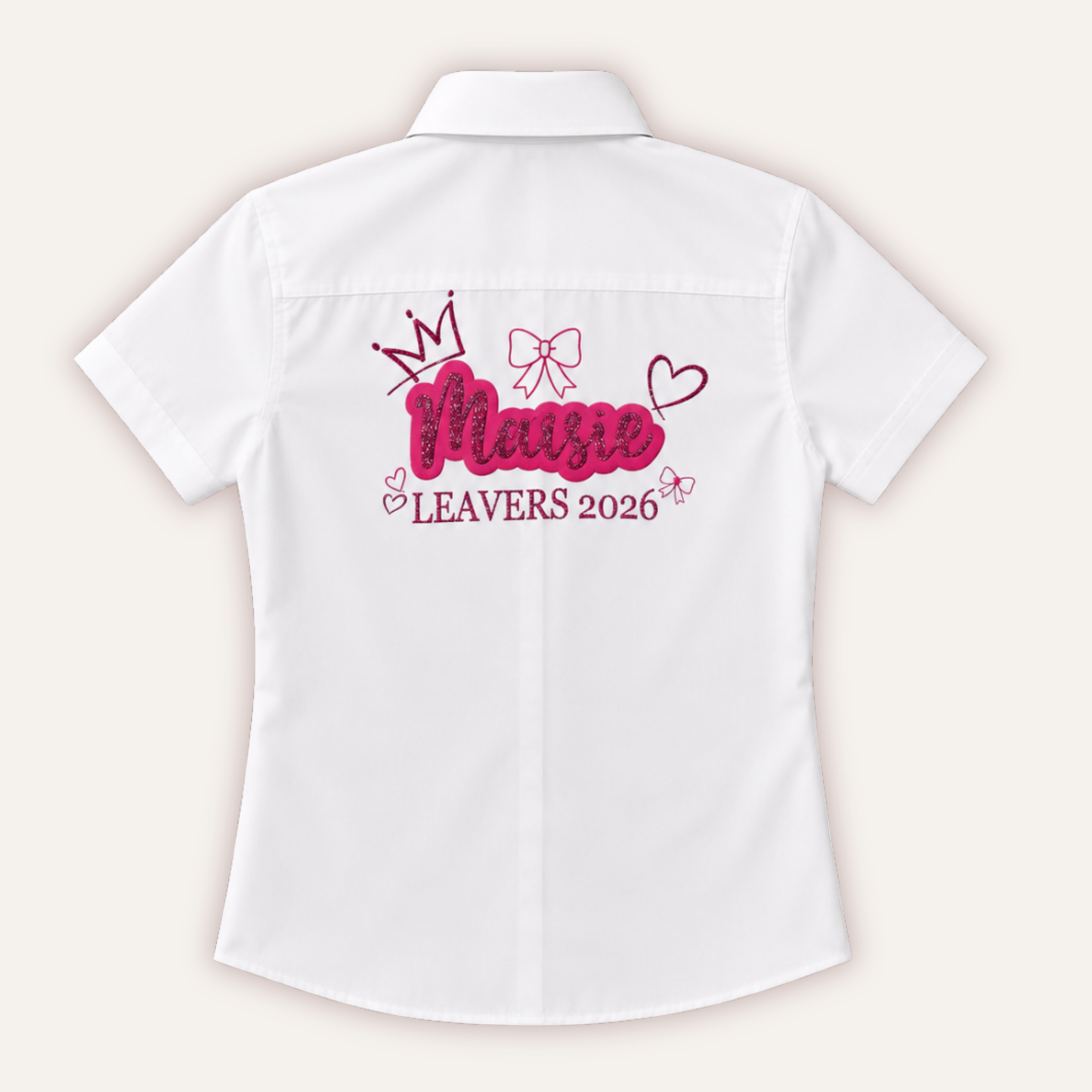 Children's personalised leavers shirt with glitter crown, bows and hearts design, available in sizes 9–16 years