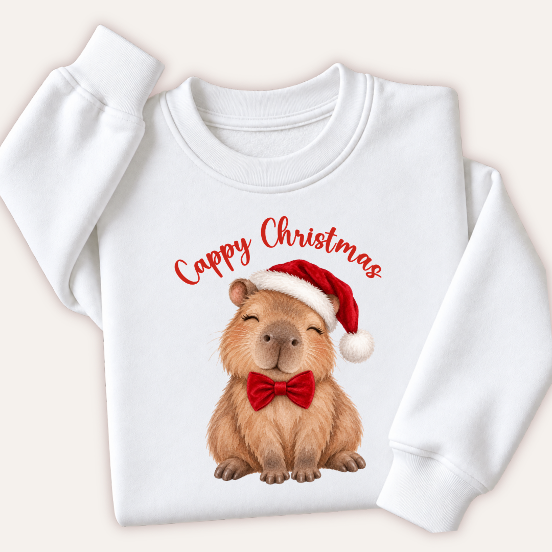 White Christmas sweatshirt featuring a capybara wearing a Santa hat and red bow tie, with red “Cappy Christmas” lettering above – Grace & Grayson.