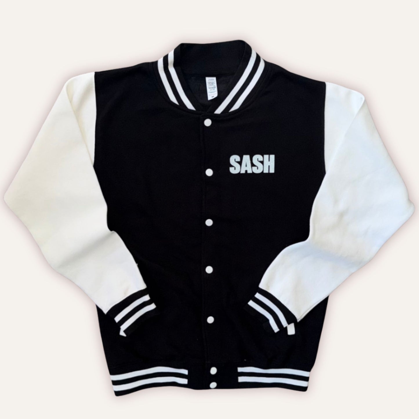 DLG Dance School varsity jacket in black and white with DLG logo on back – Grace & Grayson