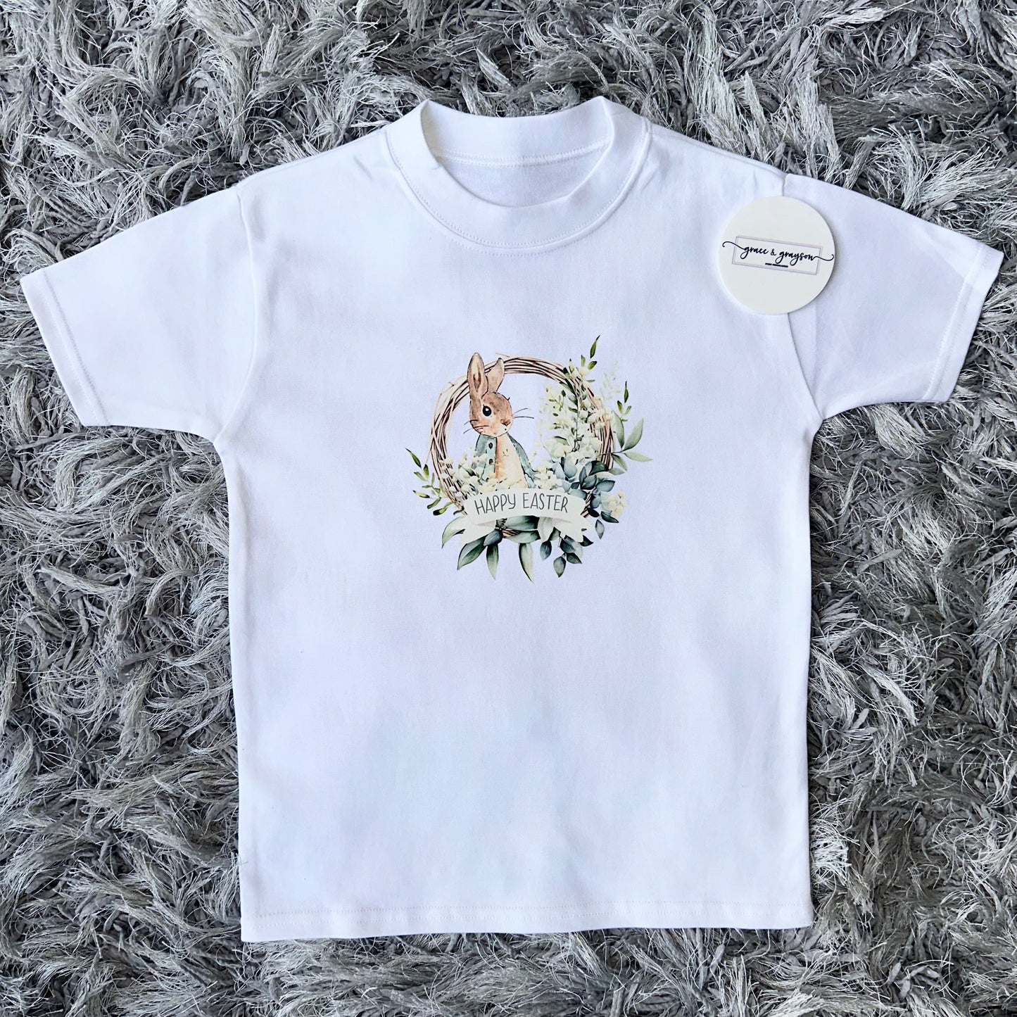 Personalised Sage Green Rabbit Happy Easter T-shirt