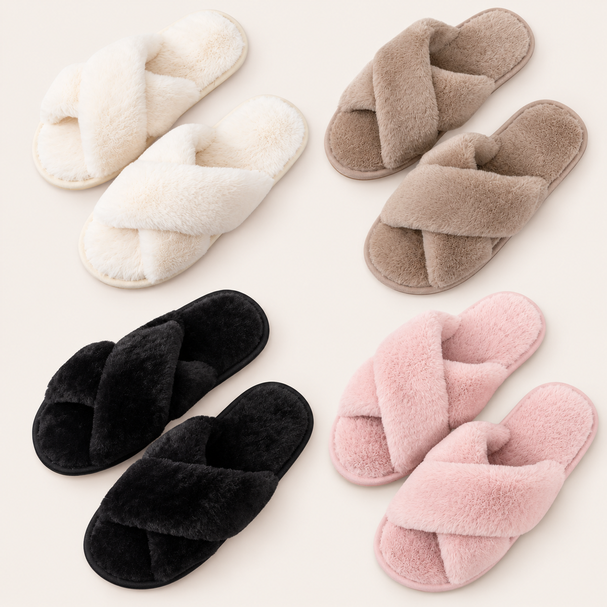 Faux fur crossover slippers shown in white, beige, black and pink, Grace & Grayson