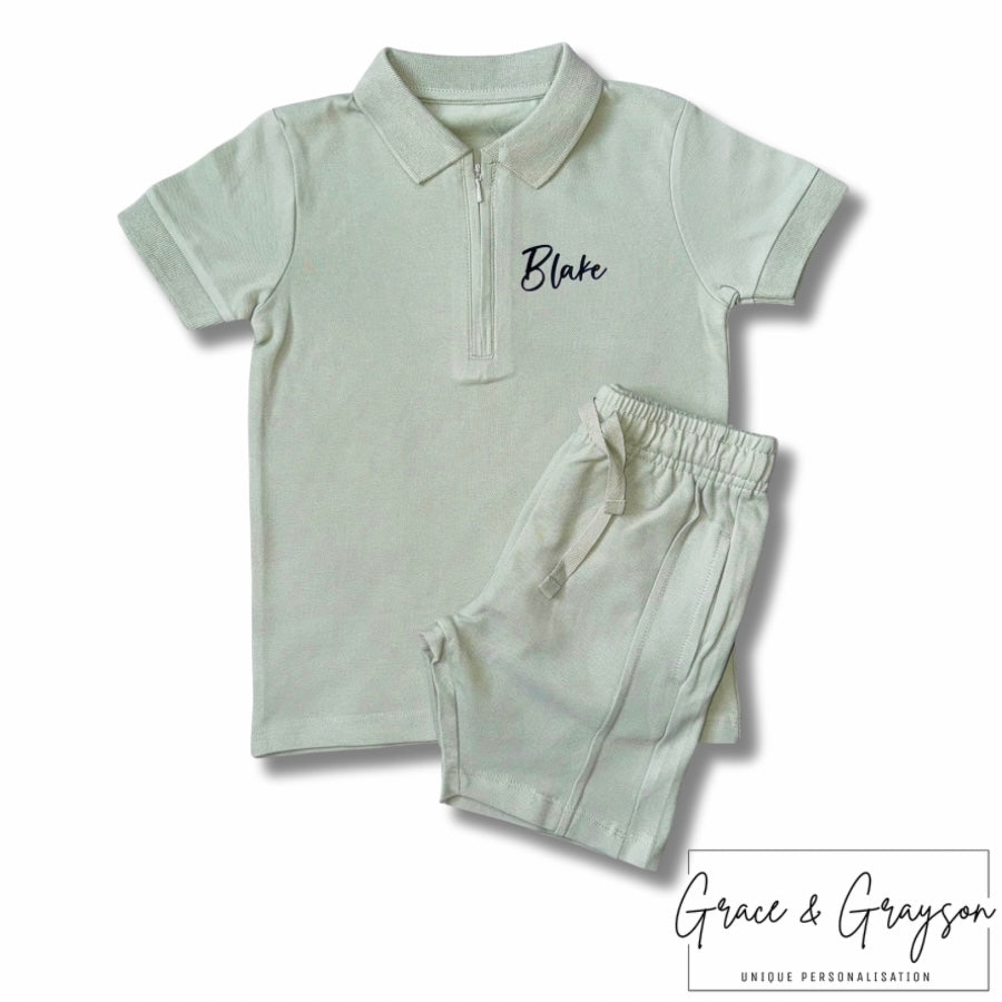 Sage Green Zip Neck Polo Shirt & Short Set