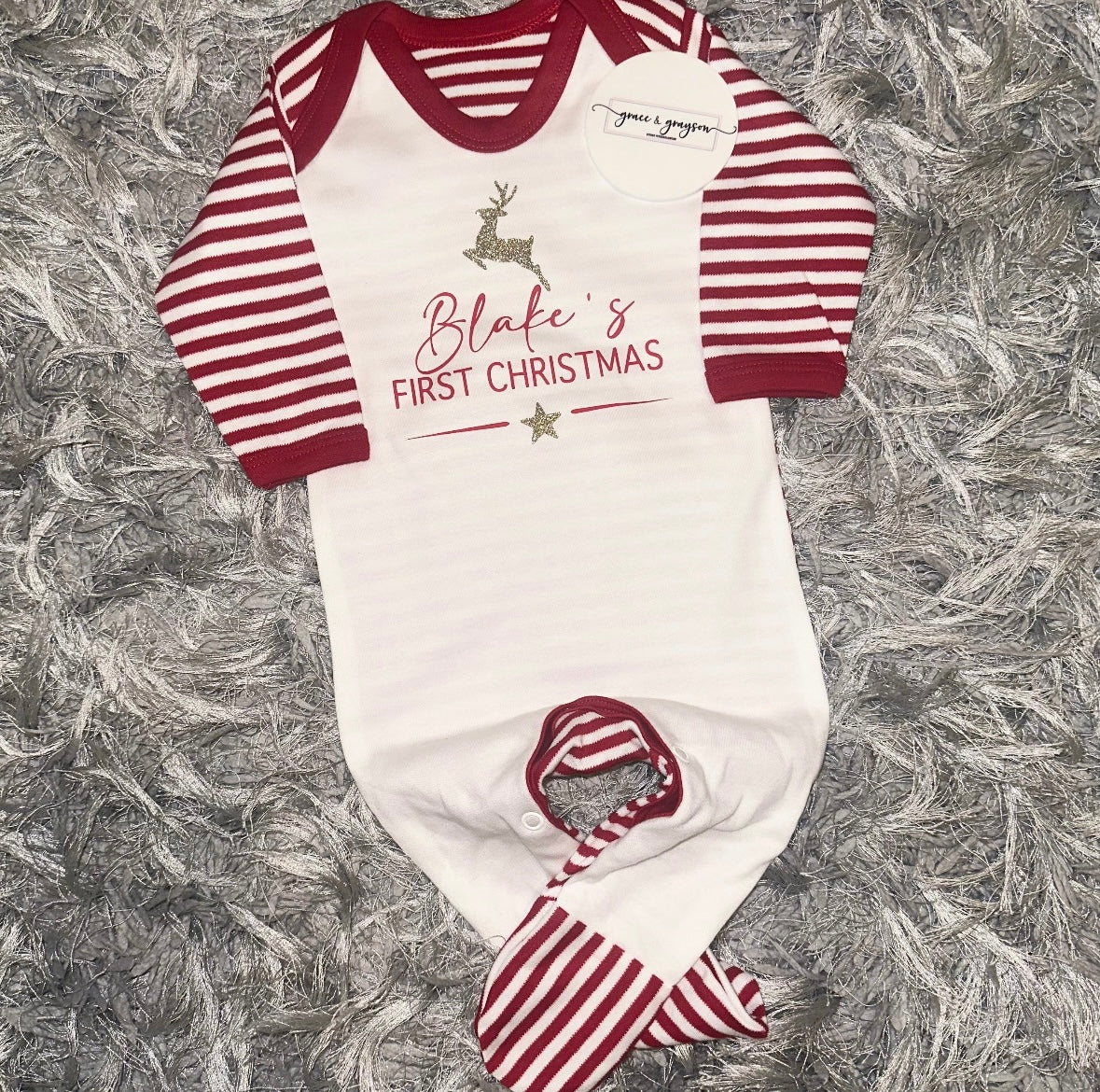 Personalised First Christmas Red & White Stripe Baby Grow