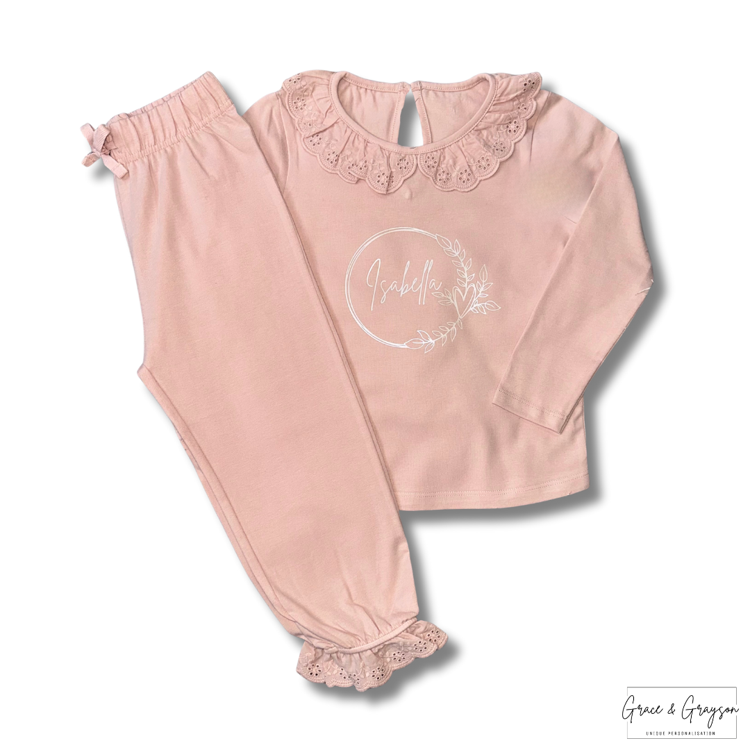 Girls Blush Pink Personalised Frill Pyjamas