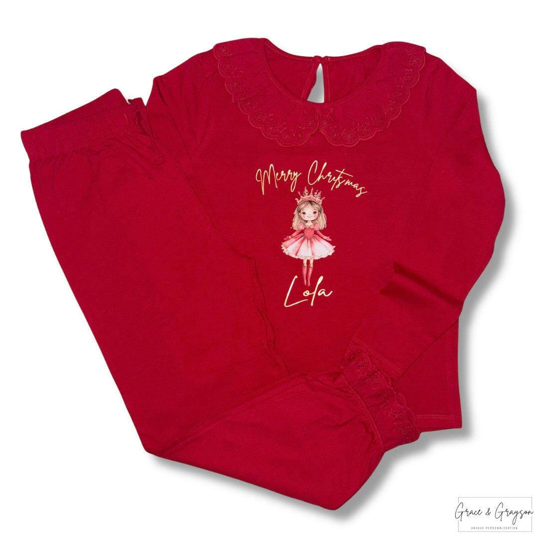Girls Personalised Red Sugar Plum Christmas Frill Pyjamas
