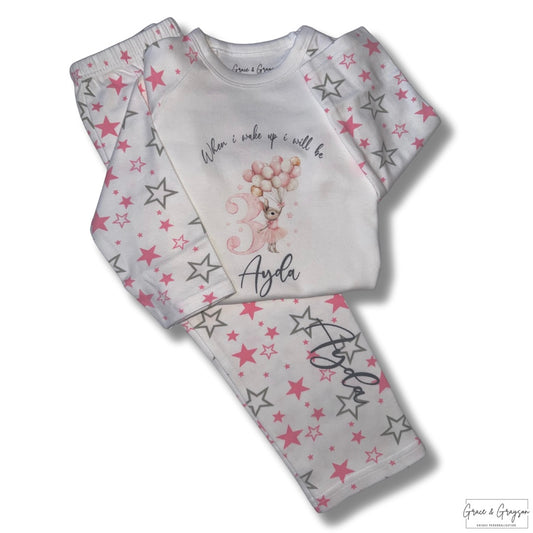 Personalised When I Wake Up Pink Balloon Bunny Birthday Pyjamas