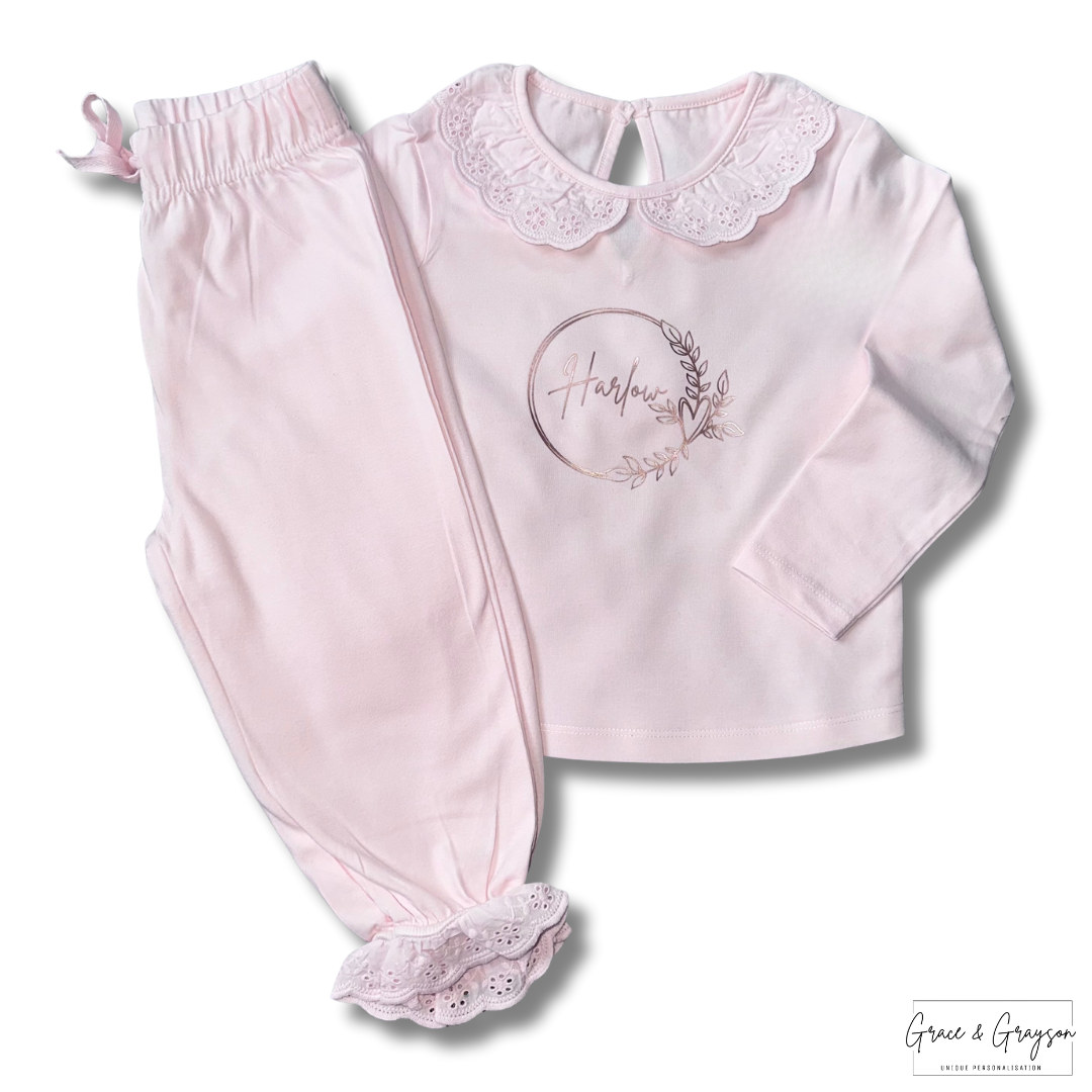 Girls Personalised Pink Frill Pyjamas