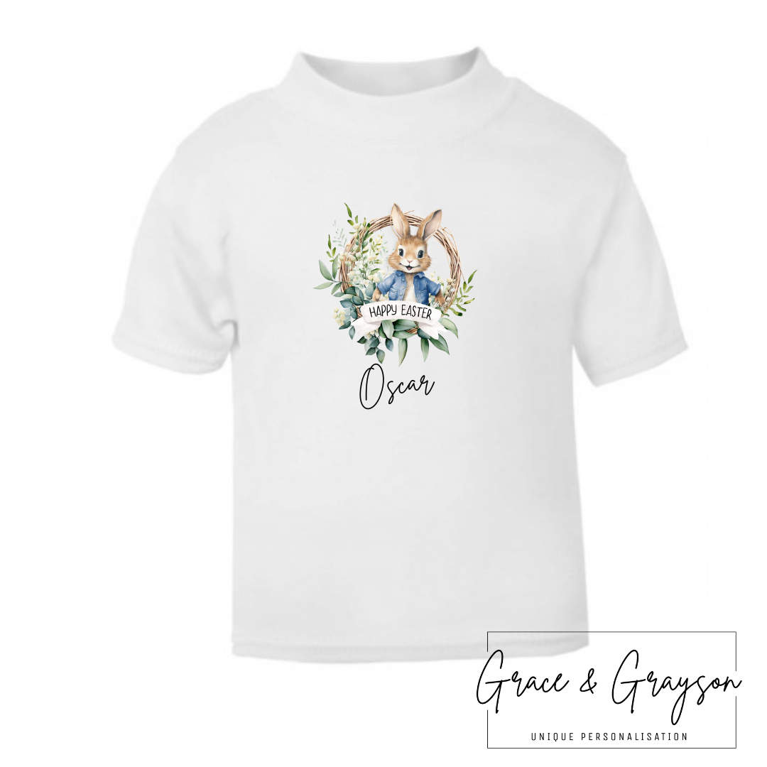 Personalised Blue Rabbit Happy Easter T-shirt