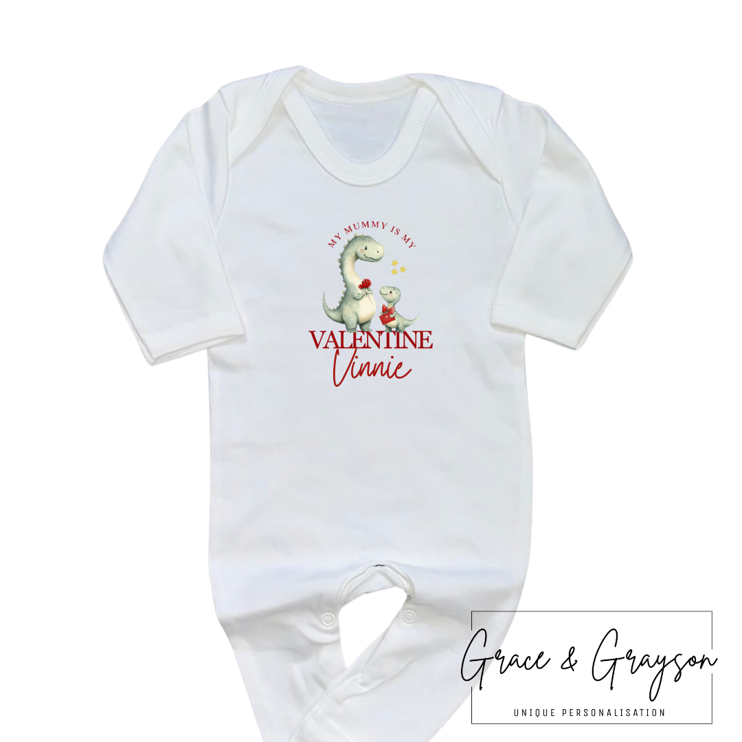 Personalised Mummy Is My Valentine Dinosaur Baby Grow