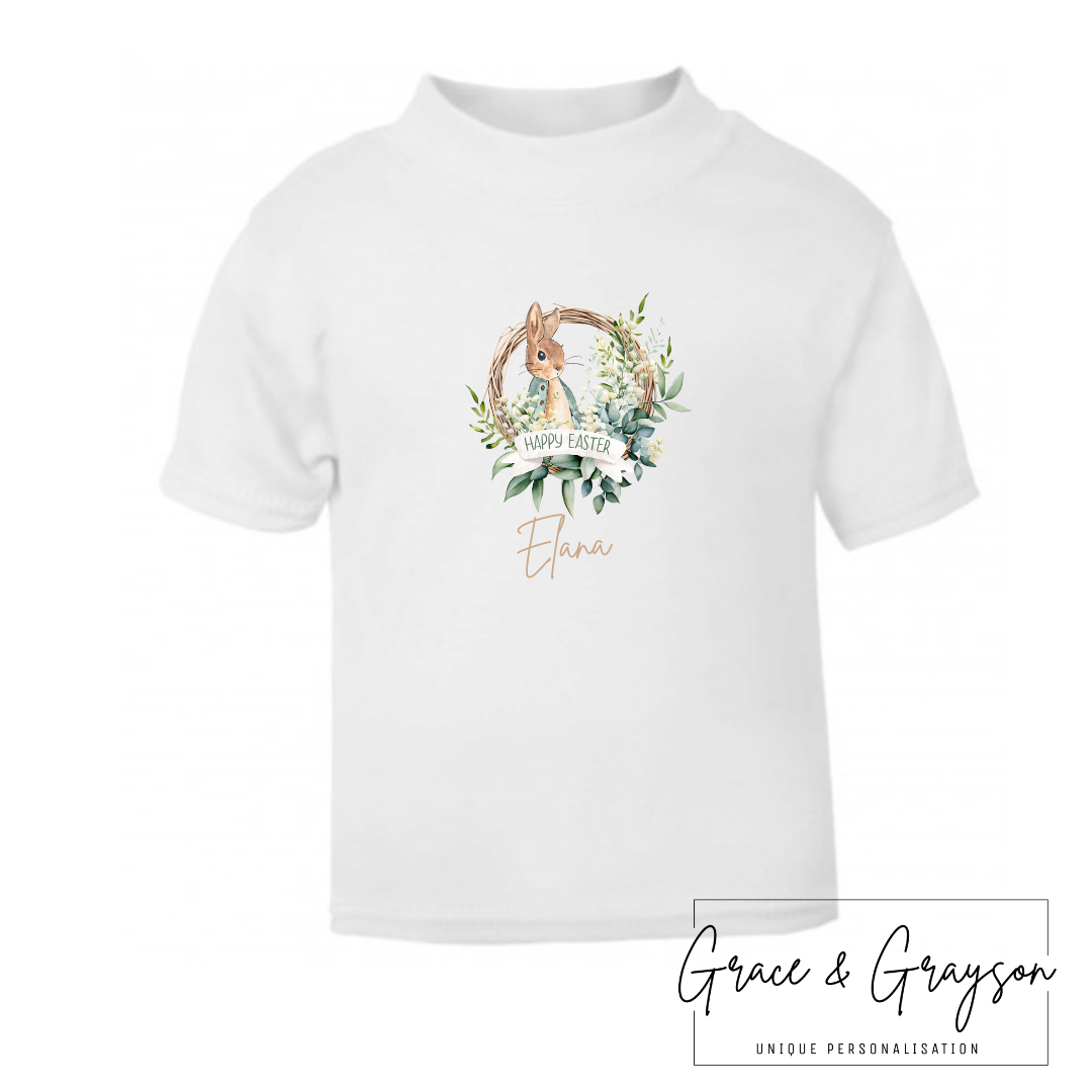 Personalised Sage Green Rabbit Happy Easter T-shirt