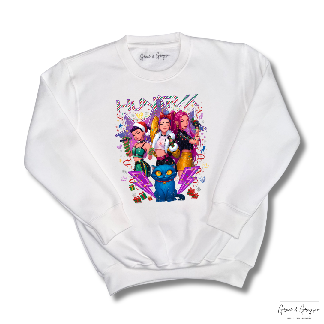 Kids Personalised Christmas Huntrix K-Pop Sweatshirt White