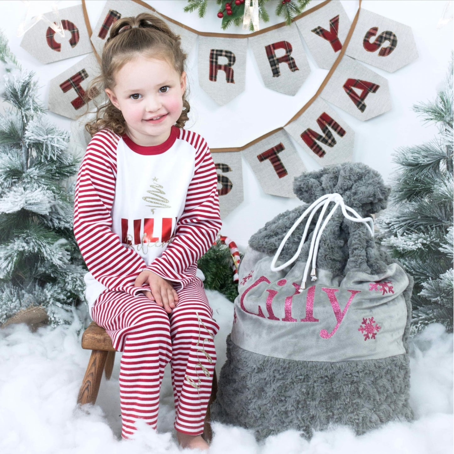Family Matching Bold Name Believes Red Stripe Christmas Pyjamas