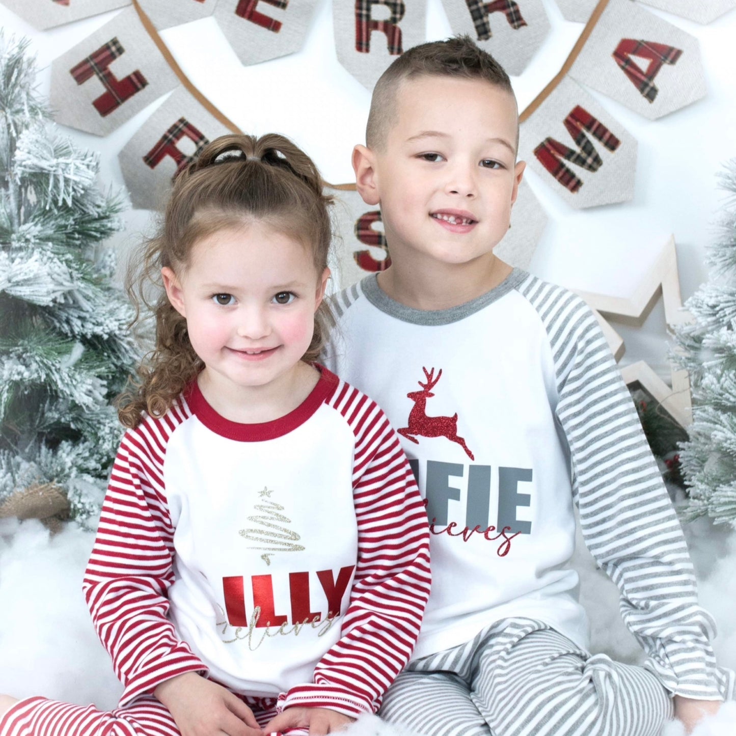 Family Matching Bold Name Believes Red Stripe Christmas Pyjamas