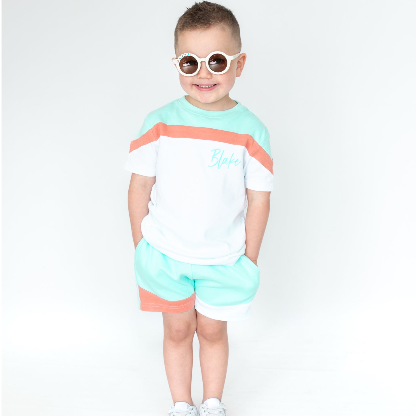 Turquoise Blue & White Mix Shorts & T-Shirt Set