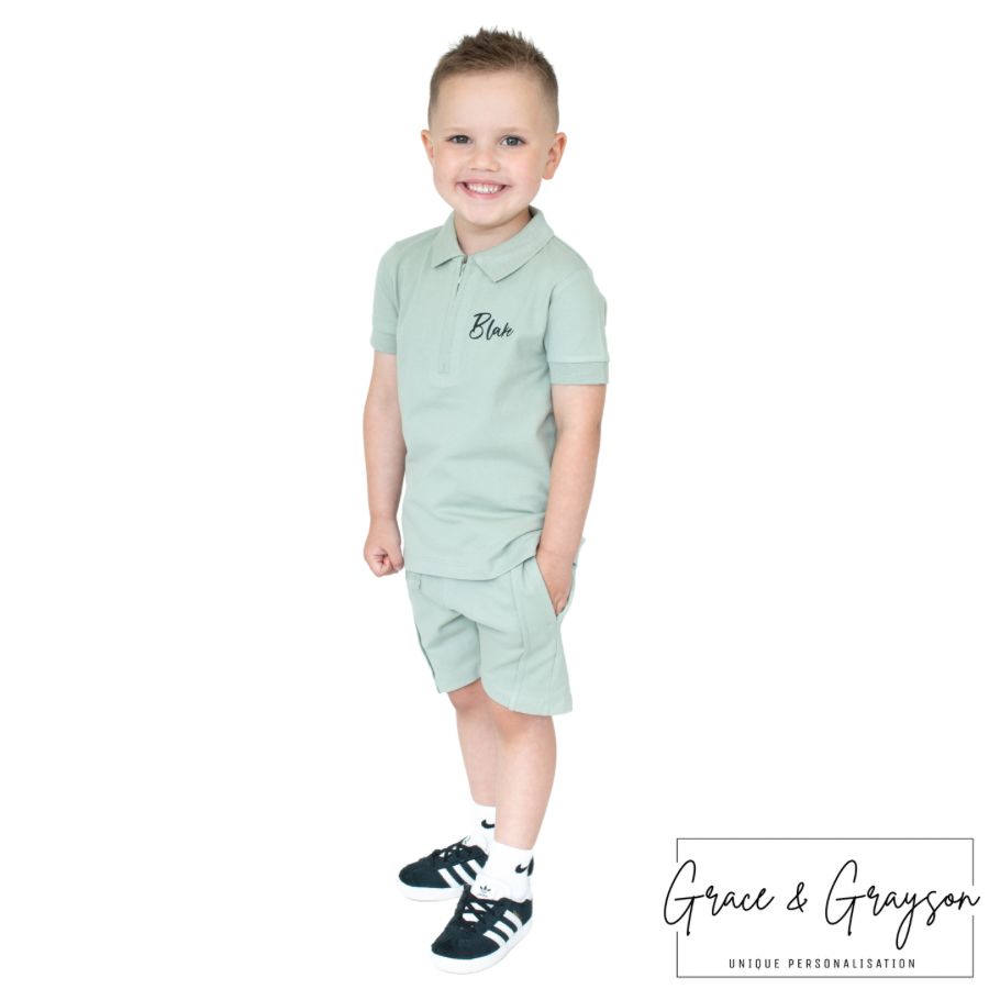 Sage Green Zip Neck Polo Shirt & Short Set