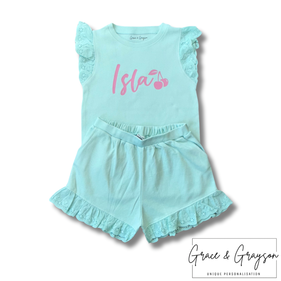 Personalised Cherry Broderie Frill Shorts & T-Shirt Set