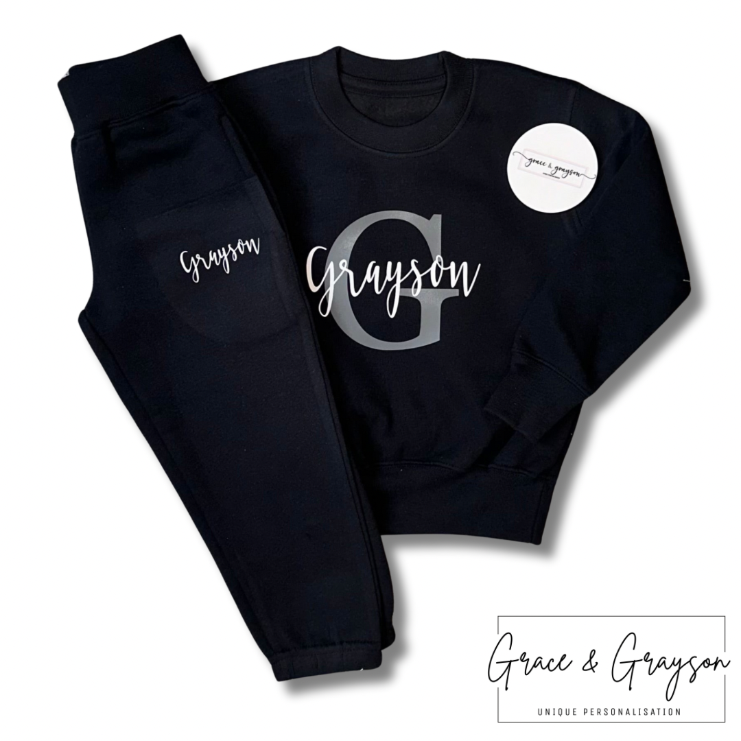 Kids Personalised Black Name & Initial Tracksuit