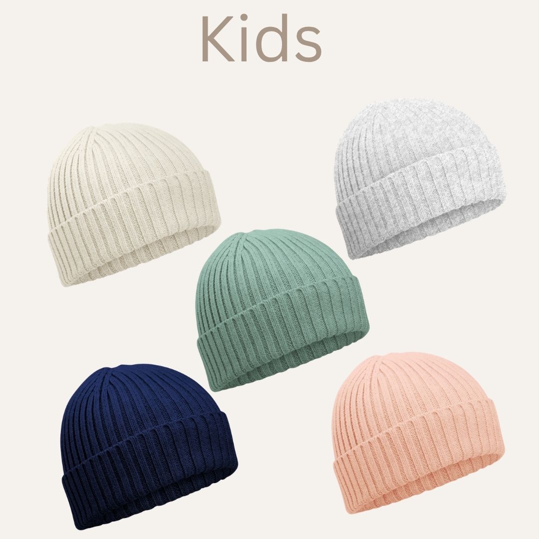 Kids ribbed knit beanie hats available in nude, grey, green, navy and pink by Grace & Grayson