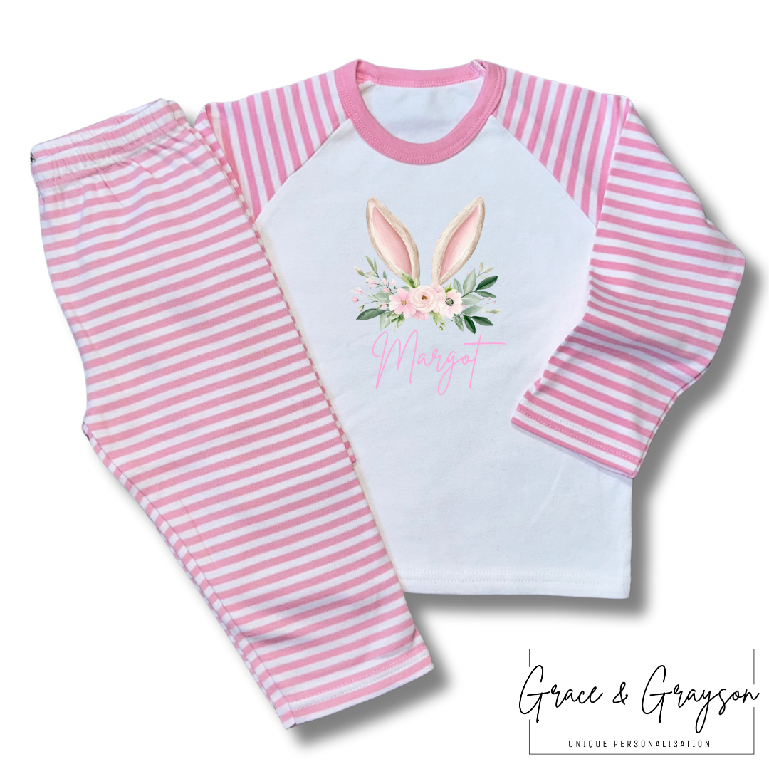Personalised Pink Floral Bunny Ear Easter Pyjamas