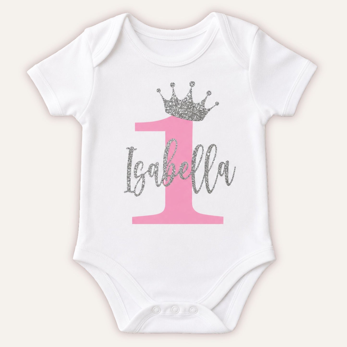 Personalised Birthday Number 1 baby vest with pink number and silver glitter crown and name design on white bodysuit - Grace & Grayson