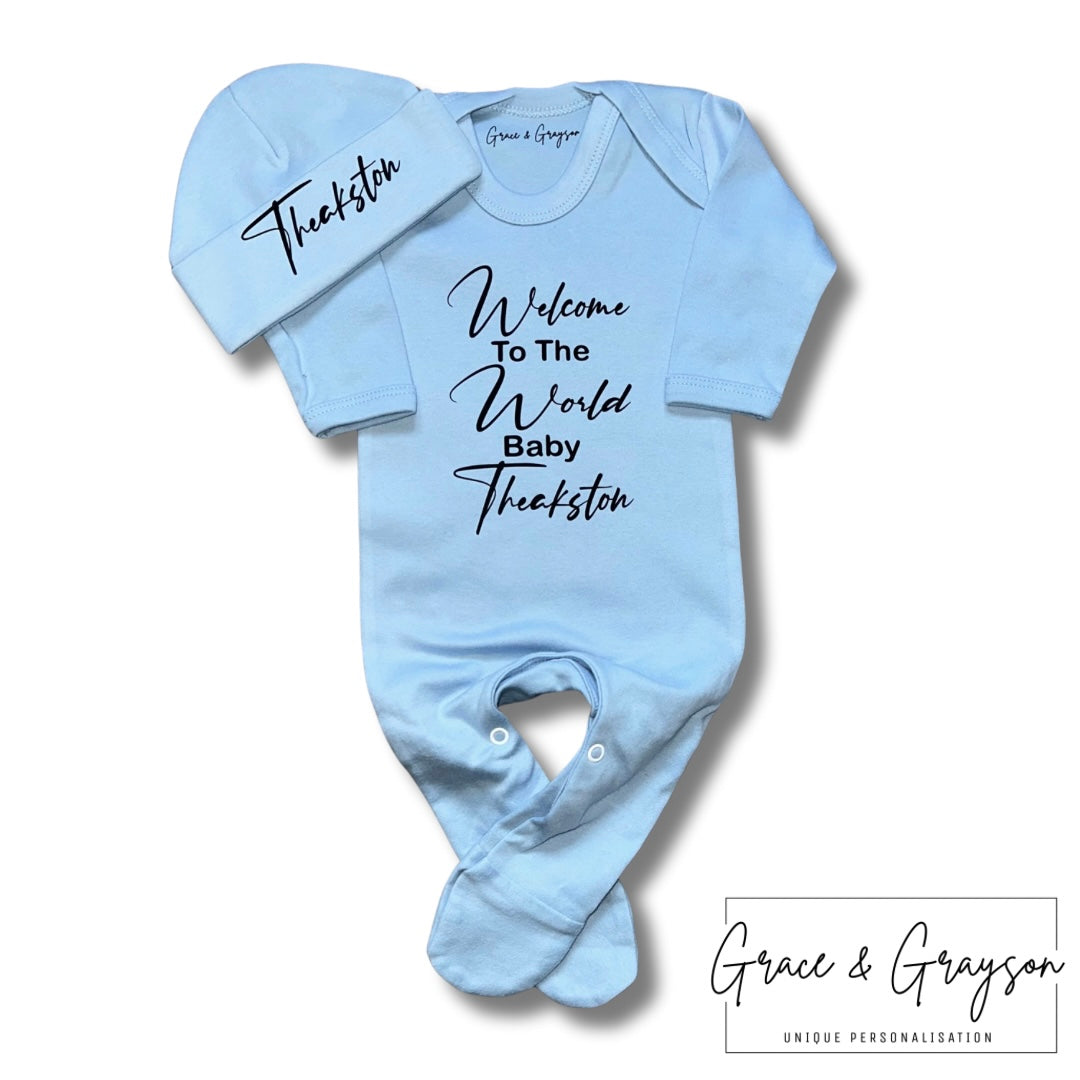Personalised Blue Welcome To The World Baby Grow Set
