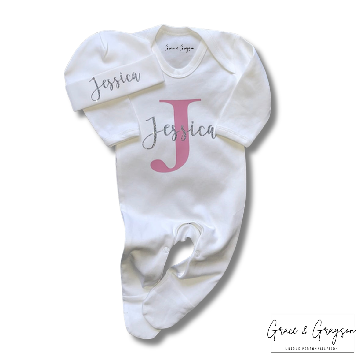 Personalised Name & Initial White Baby Grow Set