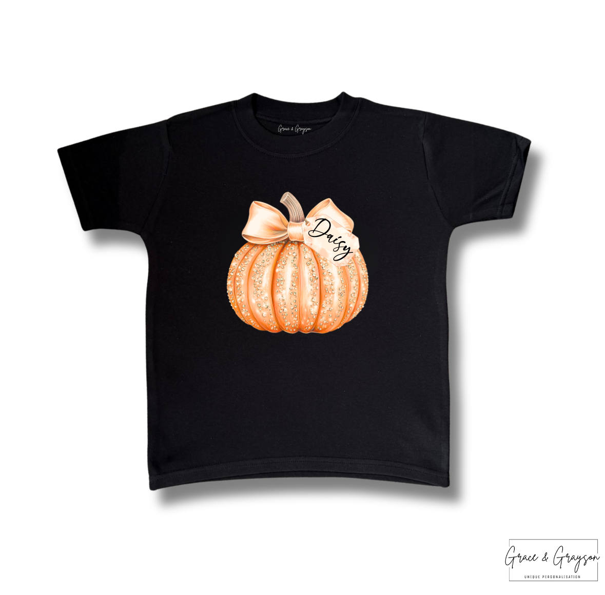 Personalised Orange Sparkle Name Tag Pumpkin Black T-Shrt
