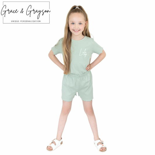 Personalised Sage Green Ribbed Shorts & T-Shirt Set