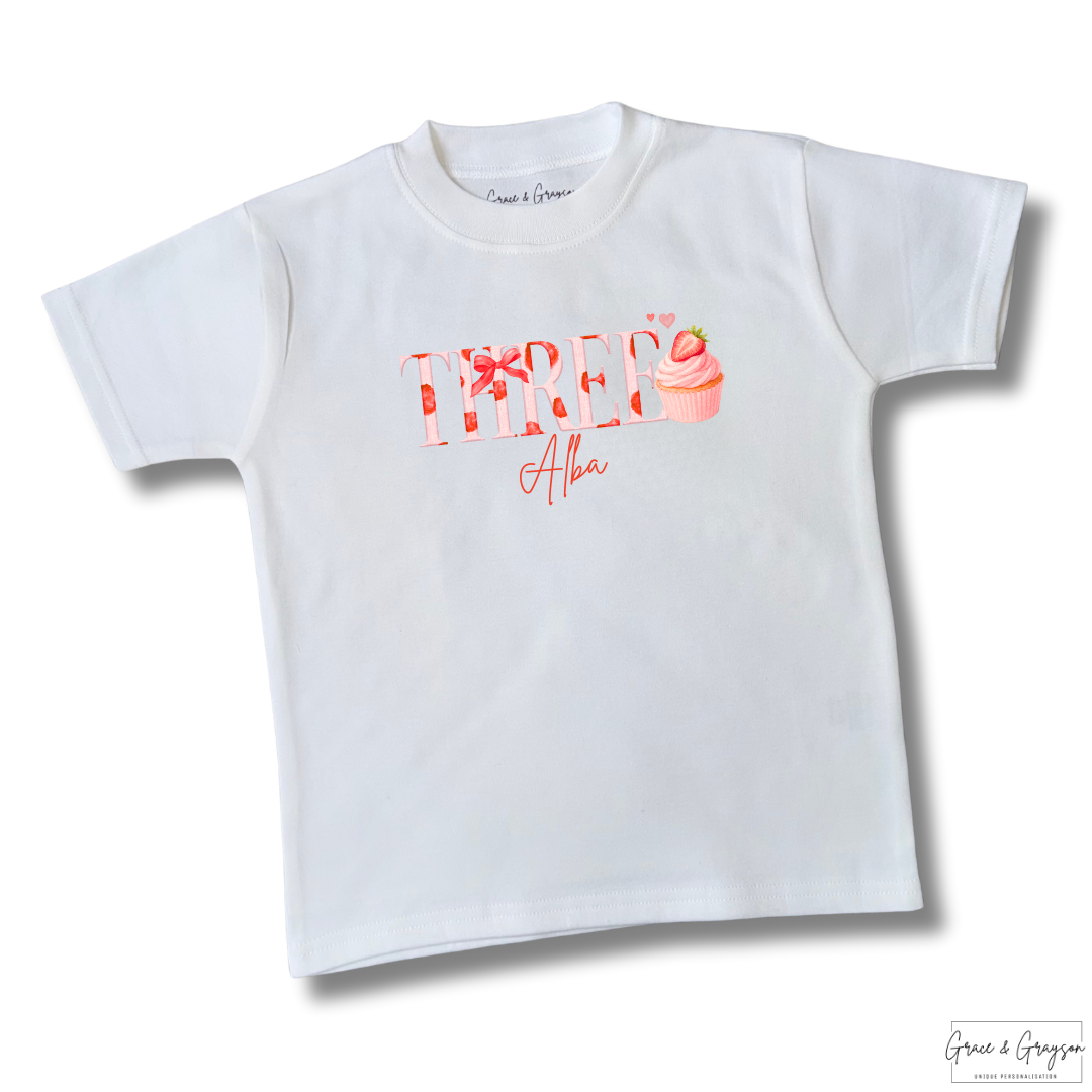 Personalised Strawberry Cupcake Number Birthday T-Shirt White