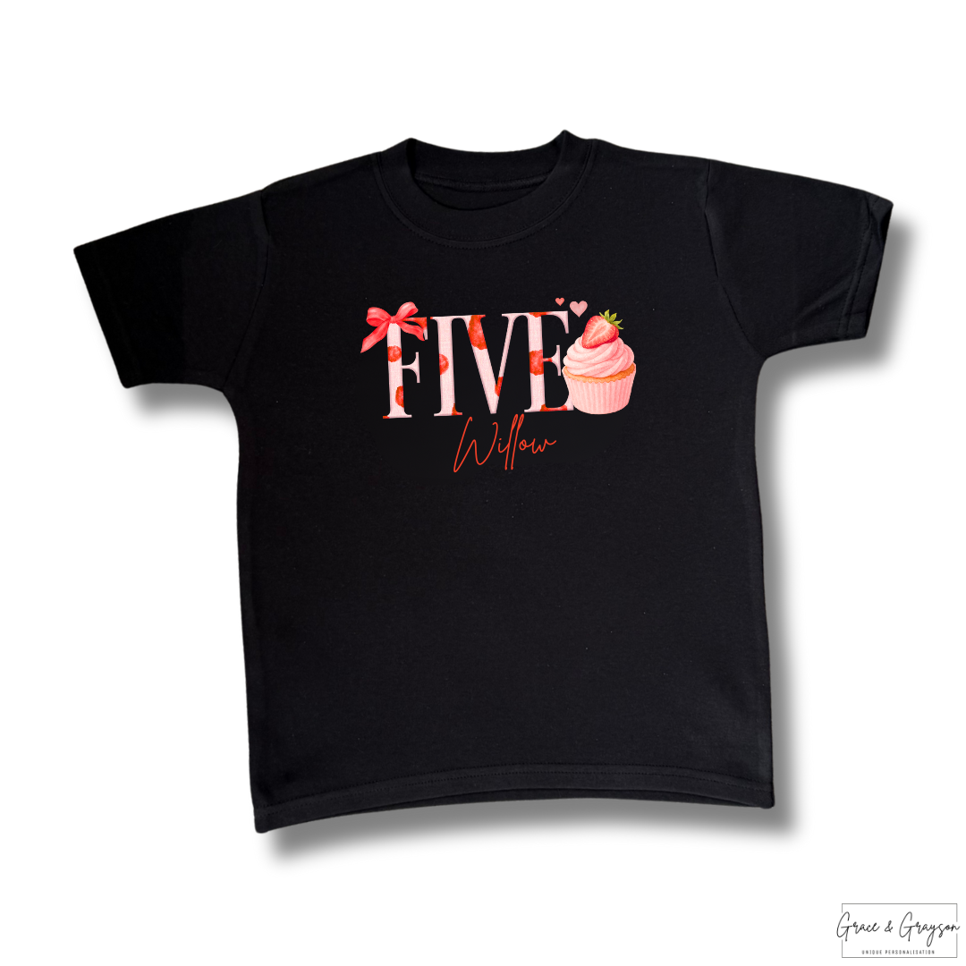 Personalised Strawberry Cupcake Number Birthday T-Shirt Black
