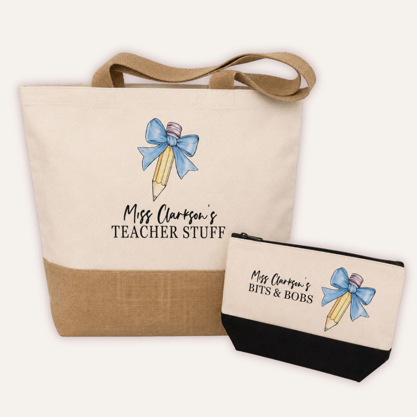 Personalised Teacher Stuff jute tote bag and matching Bits & Bobs pencil case gift set with blue bow and pencil design, custom teacher name on cream canvas | Grace & Grayson