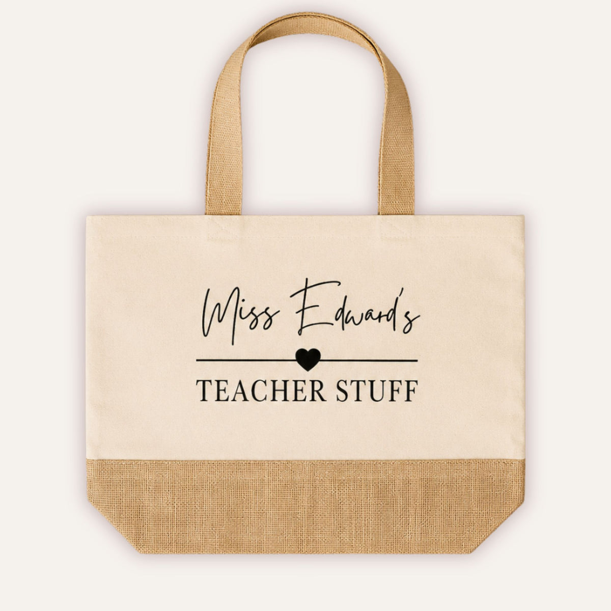 Personalised Teacher Stuff jute tote bag with custom name in script font and bold heart motif, cream canvas with natural jute base and handles - Grace & Grayson