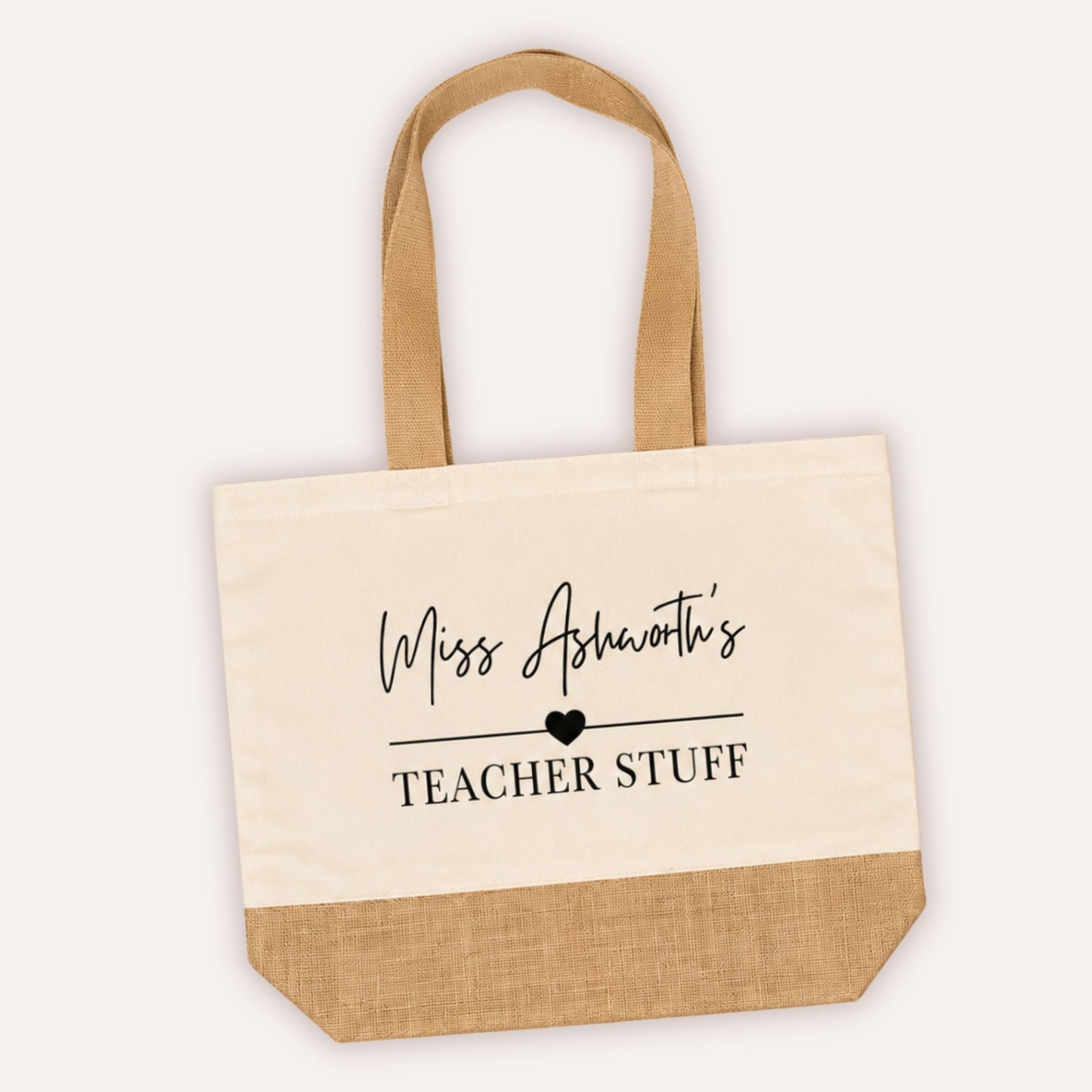 Personalised Teacher Stuff jute tote bag with custom teacher name in script font and bold heart design, large cream canvas bag with jute base panel - Grace & Grayson
