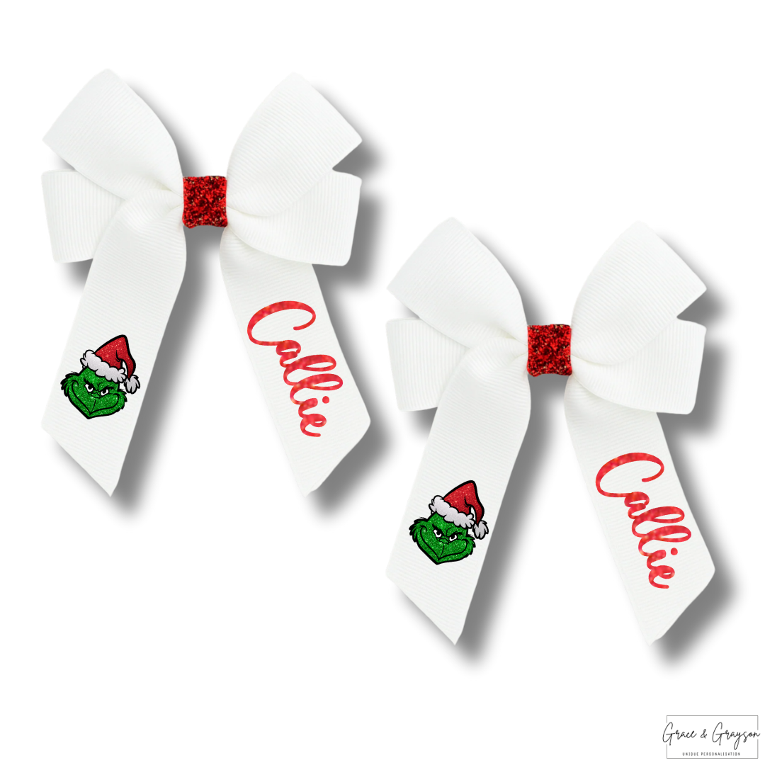 Personalised White And Red Glitter Grinch Hair Bows