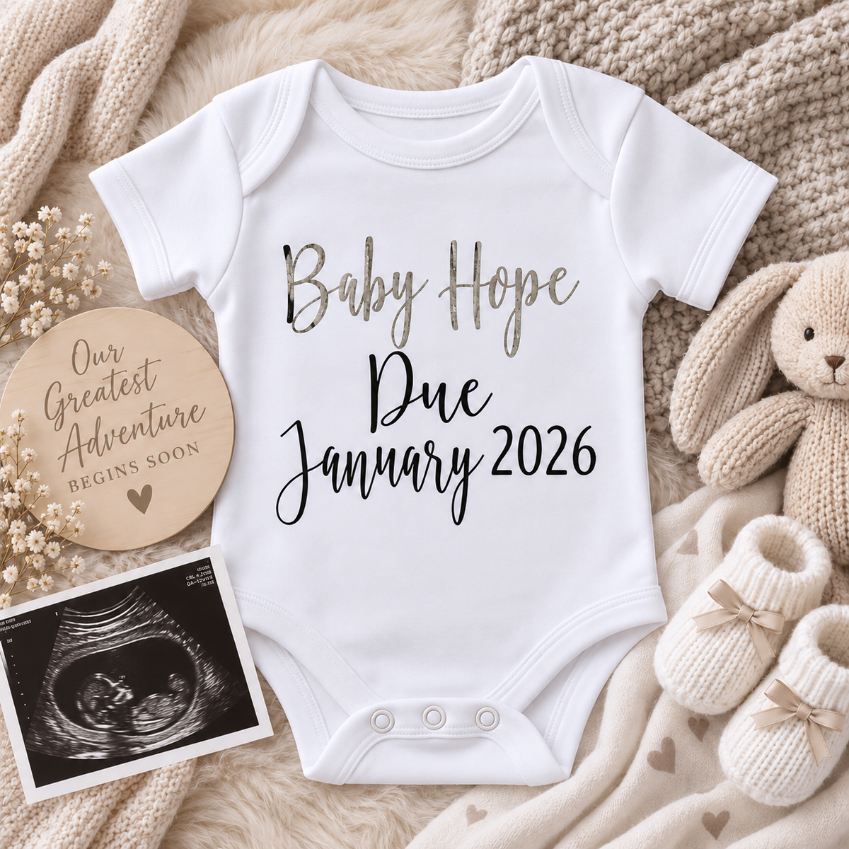 Personalised baby announcement vest for telling family and friends about a new arrival, Grace & Grayson.