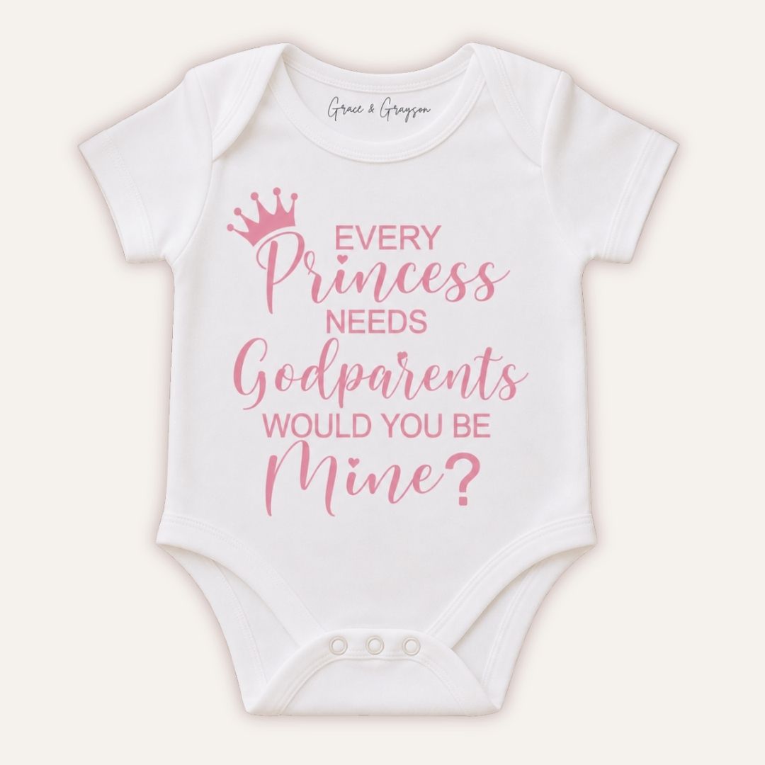 Personalised godparent proposal baby vest with “Every Princess Needs Godparents” design, Grace & Grayson