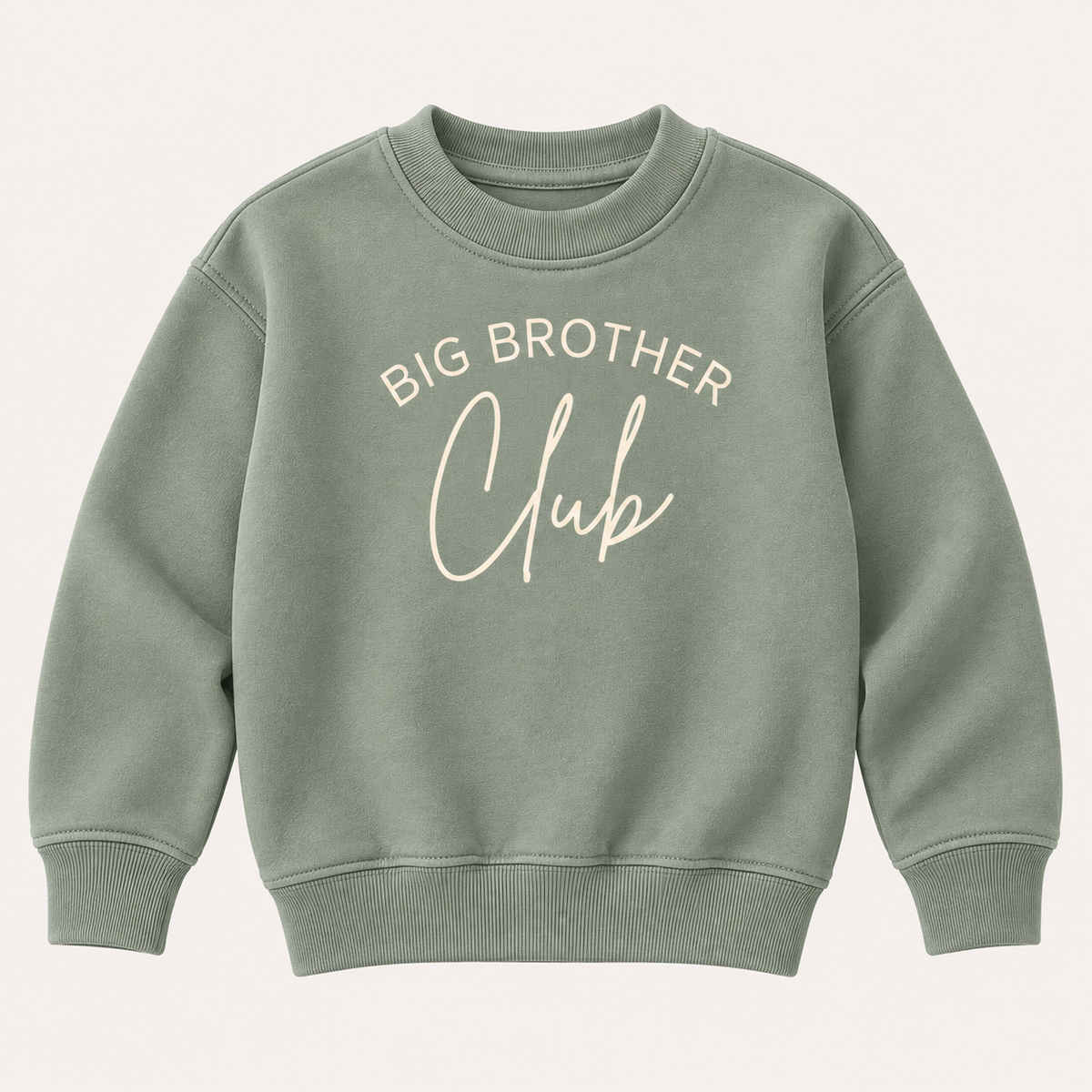 Sage green personalised Big Brother club sweatshirt with white Big Brother Club lettering, displayed flat, Grace & Grayson