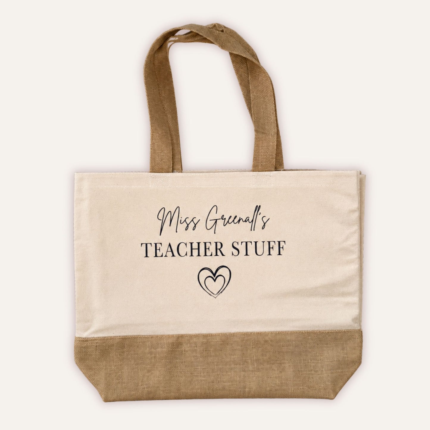 Personalised Teacher Stuff jute tote bag with custom teacher name in script font and double heart design, large cream canvas bag with jute base panel - Grace & Grayson