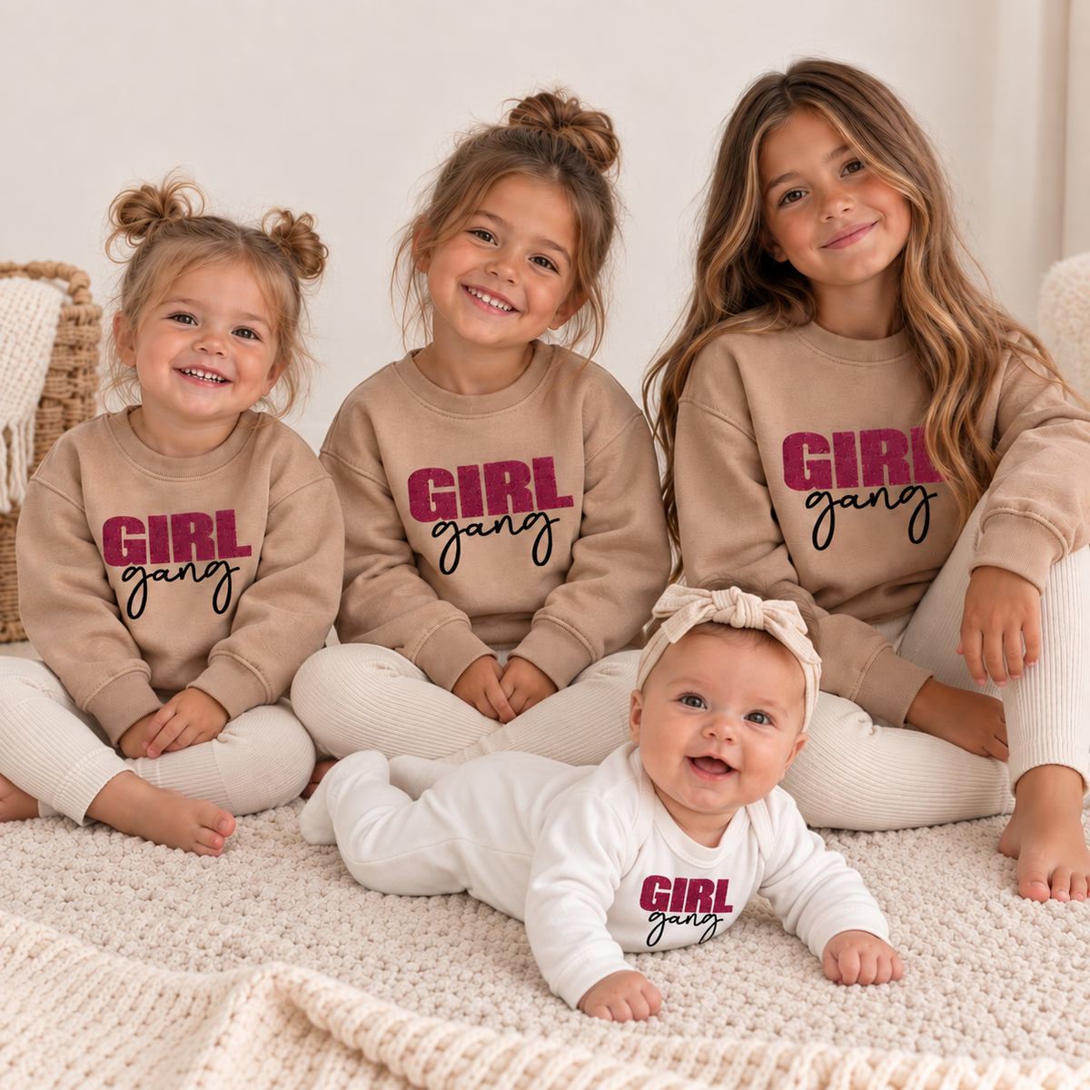 Three girls in matching taupe Girl Gang sweatshirts with a baby in a white Girl Gang baby grow, Grace & Grayson